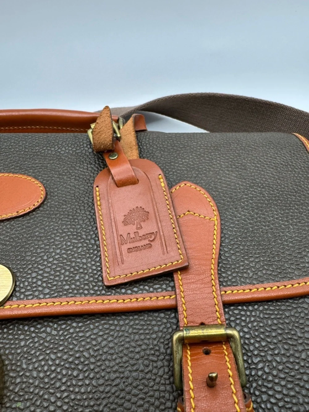 Mulberry England Vintage Scotchgrain Briefcase Satchel | Khaki Brass Lock + Key